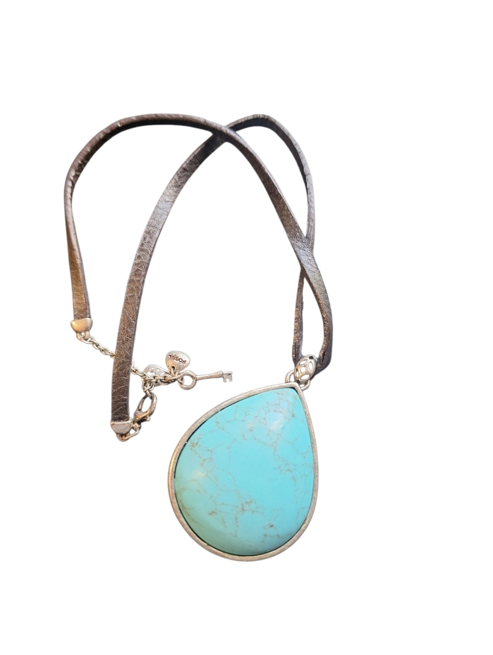 Fossil Faux Turquoise Teardrop Pendant Necklace on Black Cord Signed BEE Logo